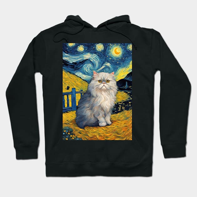 Persian Cat Breed Portrait Painting in a Van Gogh Starry Night Art Style Hoodie by Art-Jiyuu